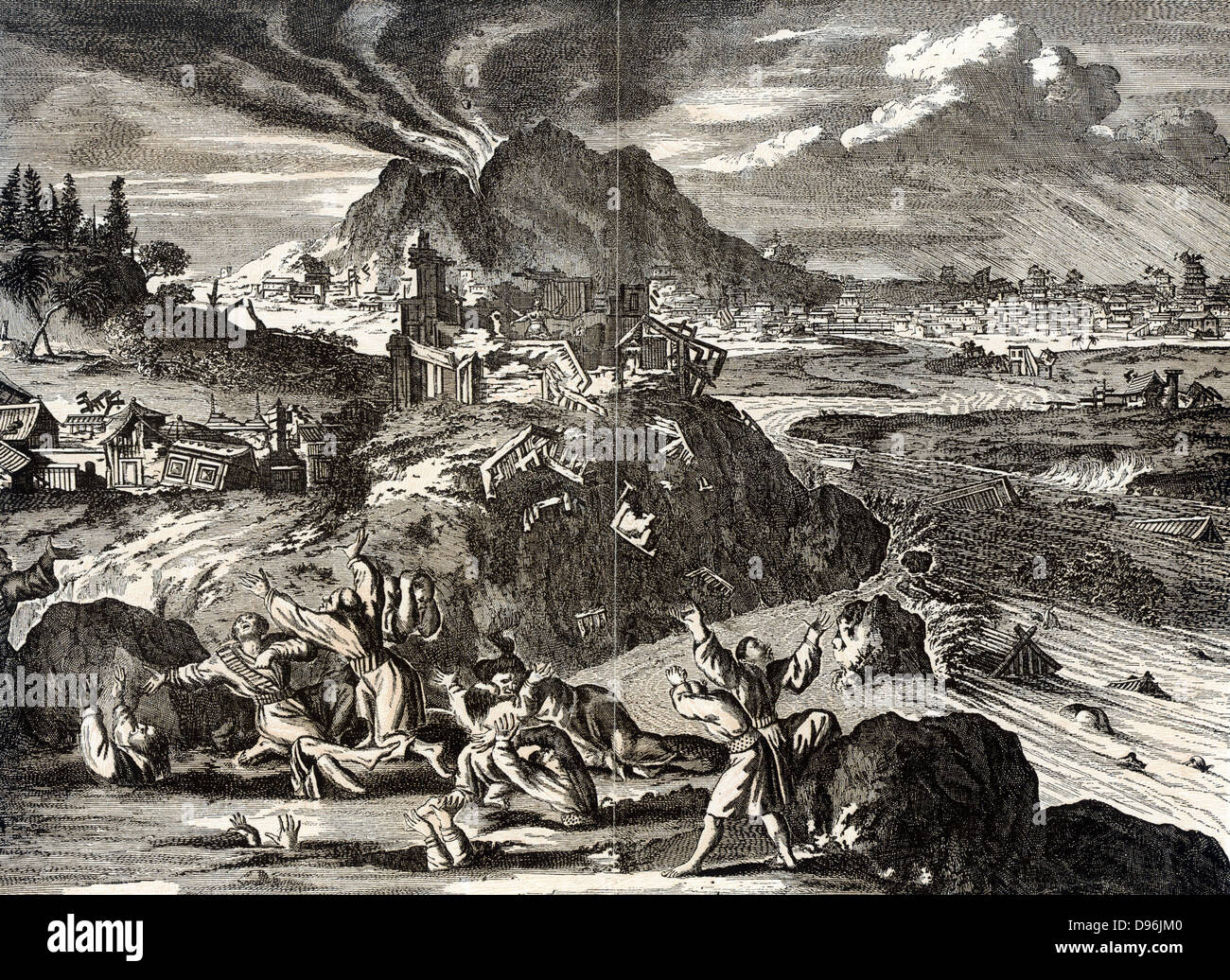 Erdbeben von 1650 in Tokio (Yedo), Japan. Nach der Gravur veröffentlicht Amsterdam 1669 Stockfoto