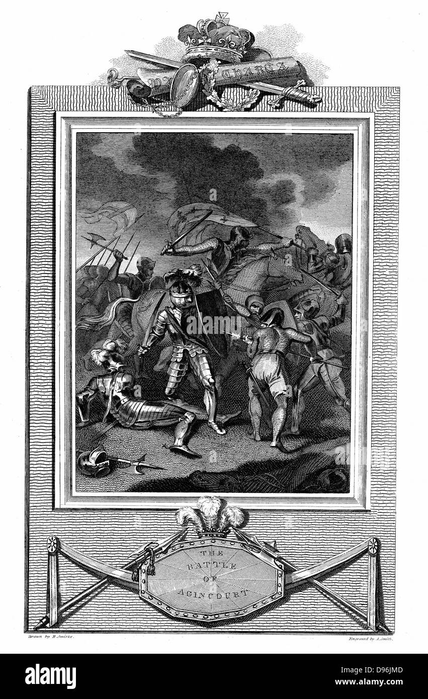 Hundert Jahre Krieg zwischen England und Frankreich (1337-1453) Schlacht von Agincourt, 25 Oktober 1415. Heinrich v. (1387-1422) in mitten im Kampf. Bemerkenswerten Sieg für Englisch. Kupferstich veröffentlicht 1825 Stockfoto