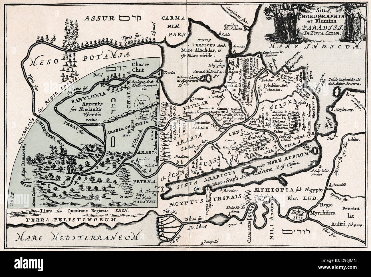 Karte mit vermeintlichen Lage des Paradieses. Garten Eden als Blau getönte Quadranten dargestellt. Nach der Gravur von 1678 von der Arbeit von Johann Herbinius (1633-1676), Schlesische-lutherischen Minister geboren. Stockfoto