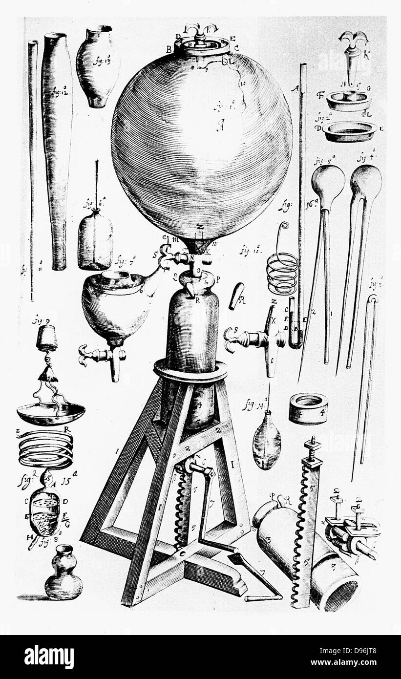 Luftpumpe für Robert Boyle (1627-91) von Robert Hooke. Von neuen Experimenten Boyle's "Physico-Mechanical?', London 1660. Gravur Stockfoto