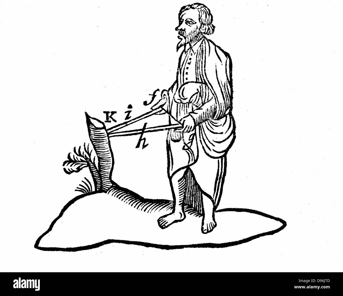 Descartes' Darstellung, wie Entfernung von Objekt mit binokulares Sehvermögen wahrgenommen wird. Von Rene Descartes' Opera Philosophica", 1692 (Tractatus de Homine) Holzschnitt Stockfoto