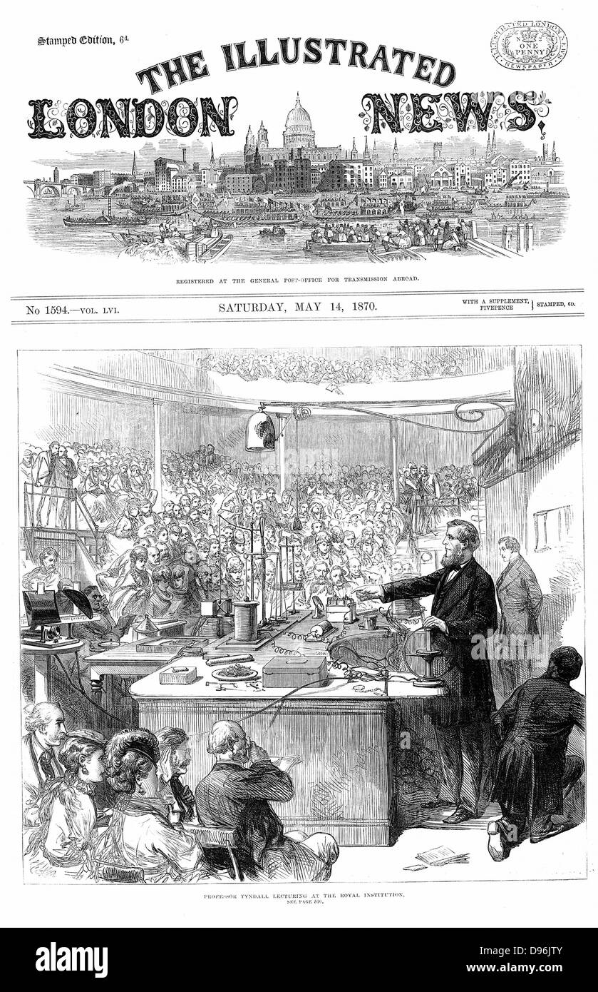 John Tyndall (1820-93) Irische geborene Physiker, auf elektromagnetismus an der Royal Institution, London konferieren. Mai 1870. Holzstich Stockfoto