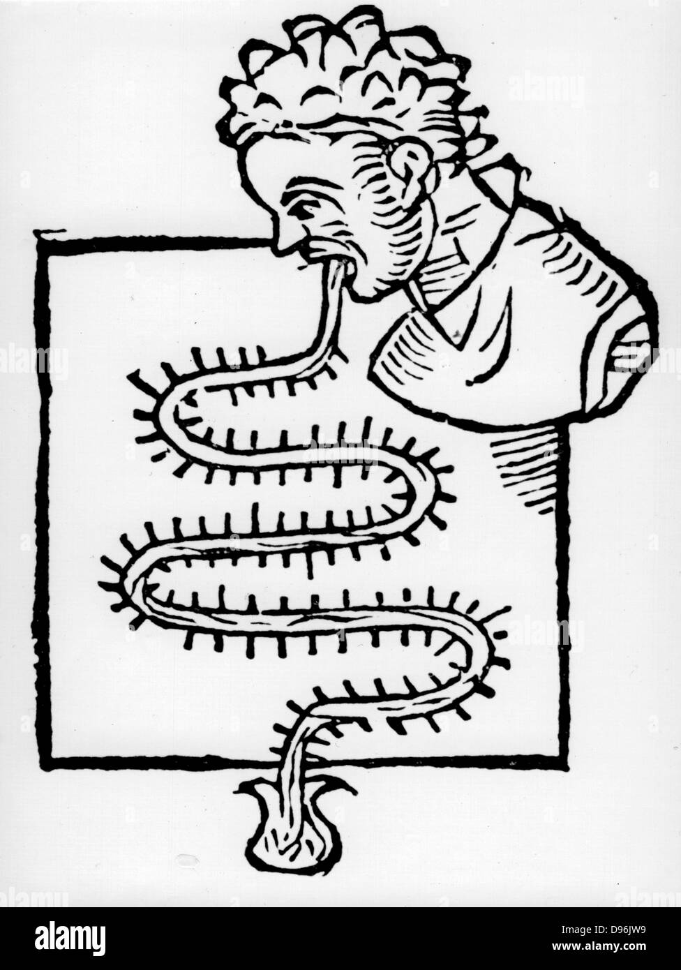 Luft: thermoscope Sanctorius' (1651-1636) klinischer "Thermometer" (1612). Die Kugel geformt wurde, war im Mund des Patienten und der andere in einem Bogen von Wasser. Die SERPENTINE "Thermometer" wurde mit Glasperlen graduierte. Holzschnitt Stockfoto