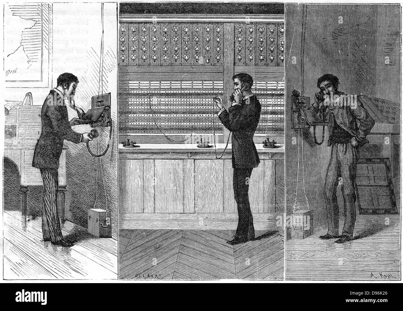 Telefon: Mann auf linken Seite macht die Durchläufe durch den Bediener an der Börse, Zentrum, an Empfänger auf der rechten Seite aufrufen. Ader-System. Gravur veröffentlicht Paris 1881. Stockfoto