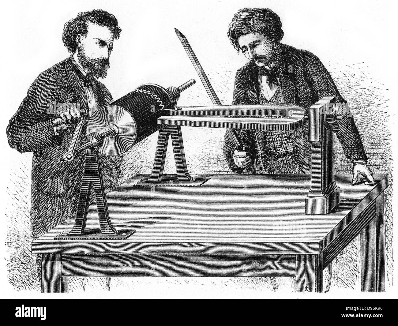 Phonautograph (c 1857) die Geräte für die Untersuchung von Schwingungen grafisch, erfunden von (Edouard) Leon Scott de Martinville. Schwinggabel durch Bogen oder eiserne Stange vibrierte, und Vibrationen zurückführen auf Zylinder beschichtet mit Lampblack. Gravur, 1872 Stockfoto