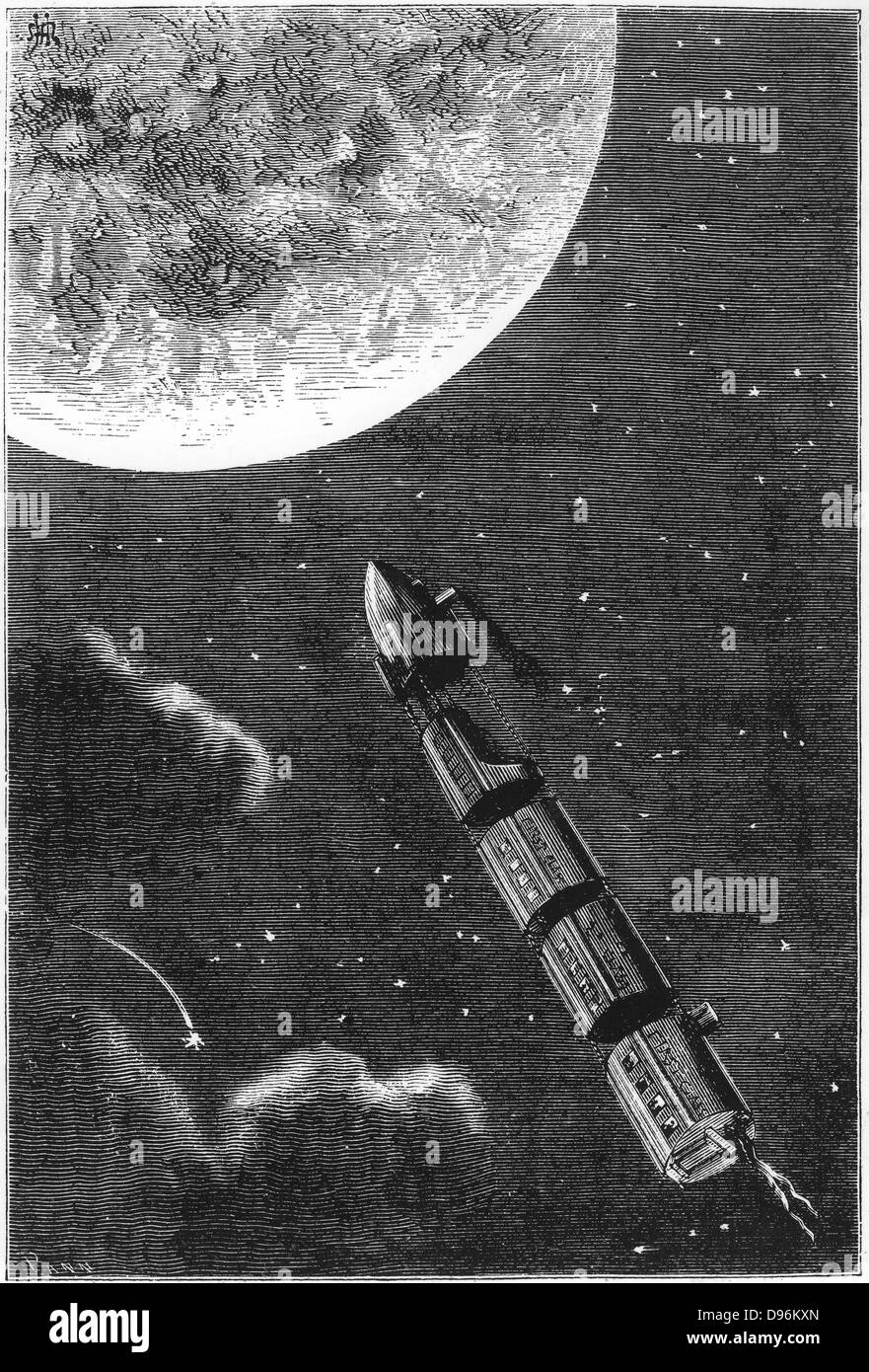 Raumkapsel von der Scheibe des Mondes in den Schatten gestellt. Von Jules Verne "Autour De La Lune", Paris, 1865. Holzstich. Stockfoto