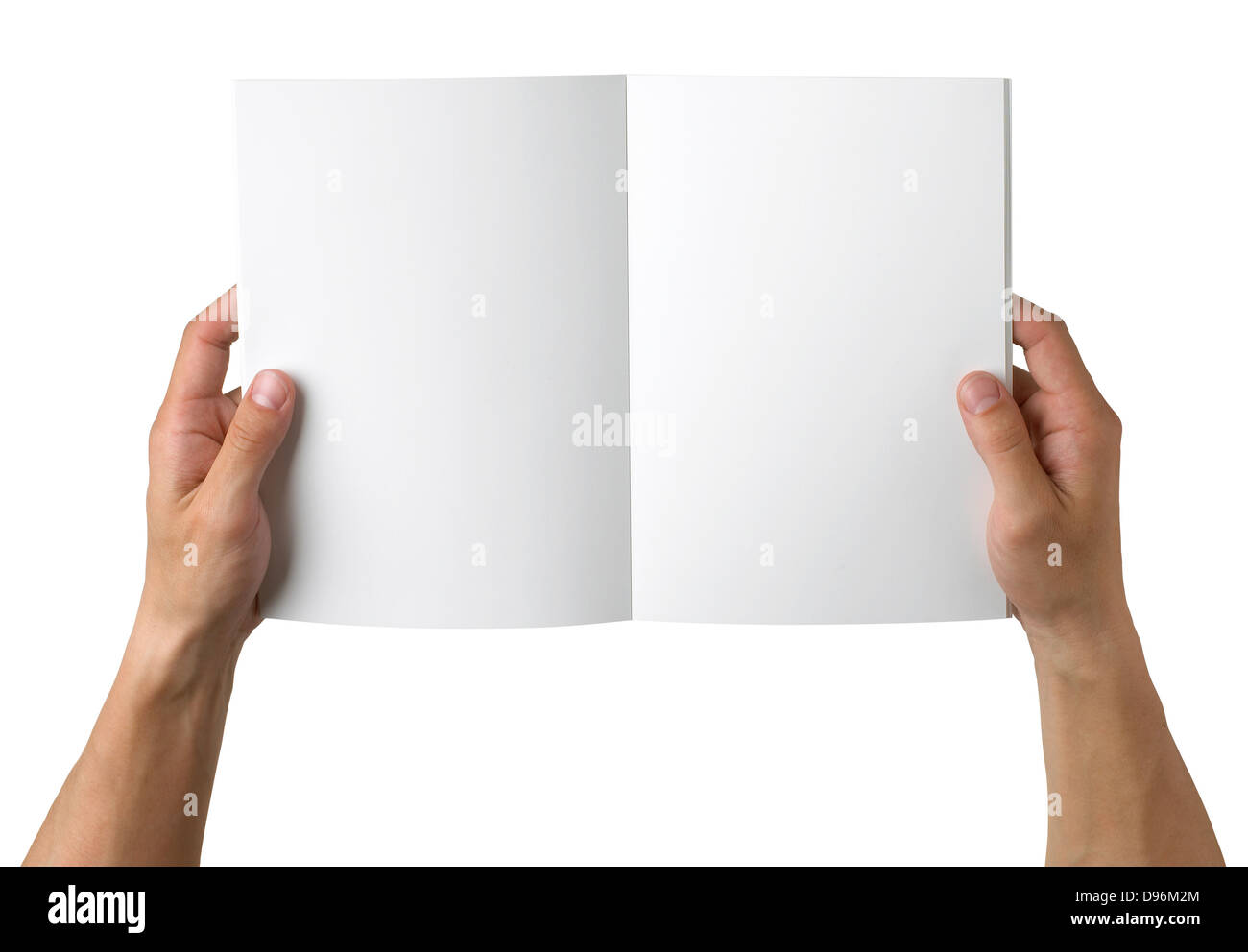 Draufsicht der Hände halten ein leeres Buch mit textfreiraum bereit bereit für Text, isoliert auf weiss, mit Beschneidungspfad Stockfoto