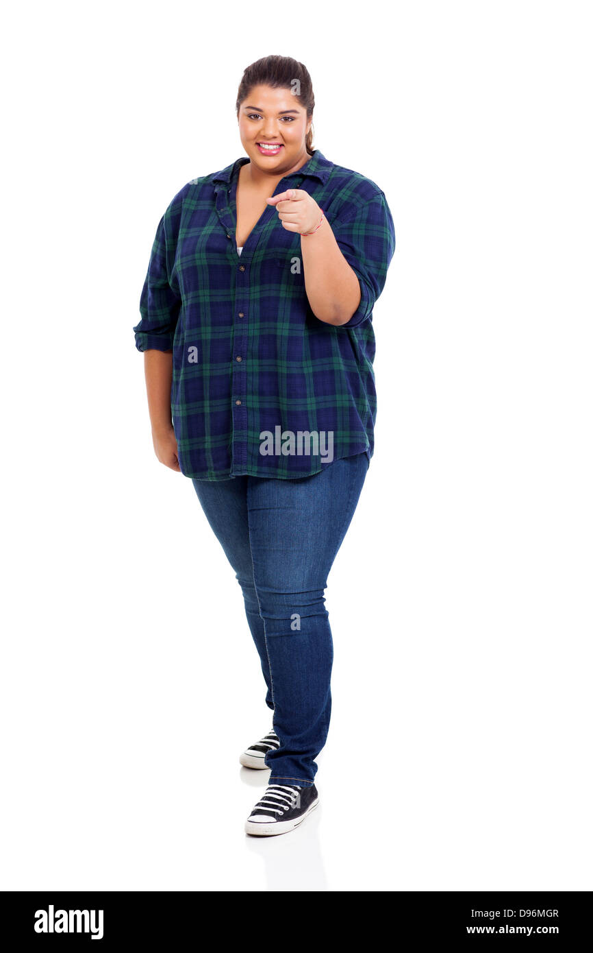 übergewichtige Frau, die auf Sie gerichtet Stockfoto