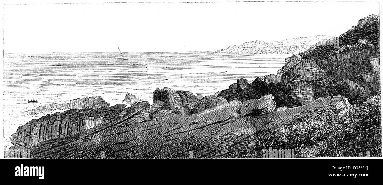 Schichten aus rotem Sandstein, leicht geneigt, ruht auf vertikale Schiefer an Siccar Punkt, Berwickshire, illustriert Stockfoto