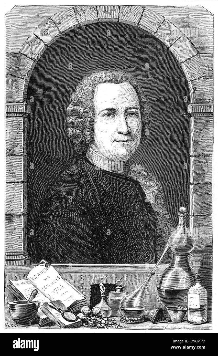 Guillaume François Ruelle (1703-70), französischer Chemiker, Lavoisier der Lehrer. Professor (demonstrateur) am Jardin du Roi. Viel Chemie zu popularisieren. Gravur veröffentlicht Paris 1874 Stockfoto