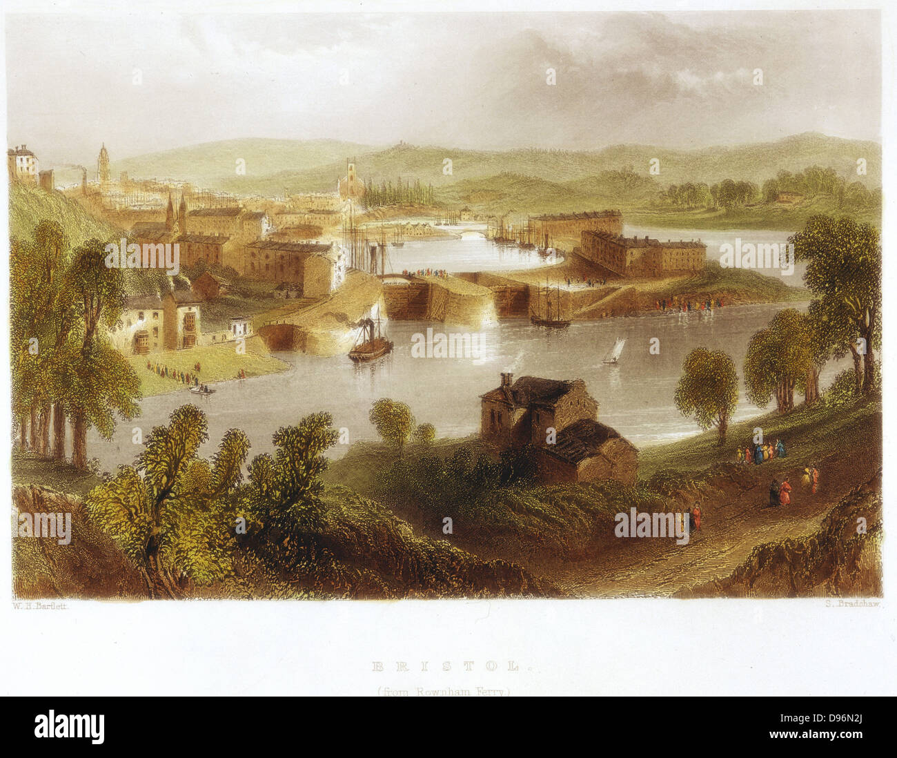 Bristol von Rownham Fähre, mit Dampf schiff nähert sich das Schloss in den Docks. Gravur nach dem Bild von William Henry Bartlett (1809-1854) im Jahre 1841 veröffentlicht. Stockfoto