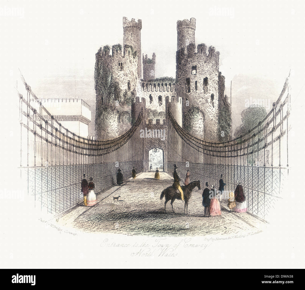 Hängebrücke über Conwy Conwy Estuary, Wales, Blick entlang der Fahrbahn. , Gebaut von Thomas Telford (1757-1834), zwischen 1822 und 1826. Gravur c 1840. Stockfoto