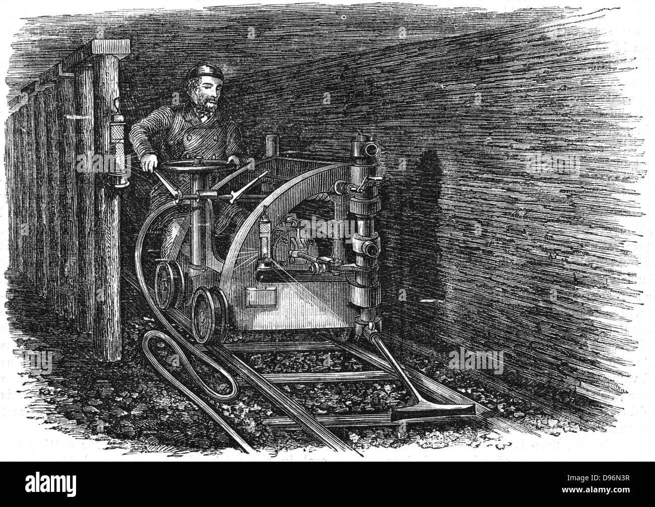 Schiene montiert Kohle Schneidemaschine mit Druckluft produziert durch eine Dampfmaschine auf dem Zechenhaus angetrieben. Holzstich 1864 Stockfoto
