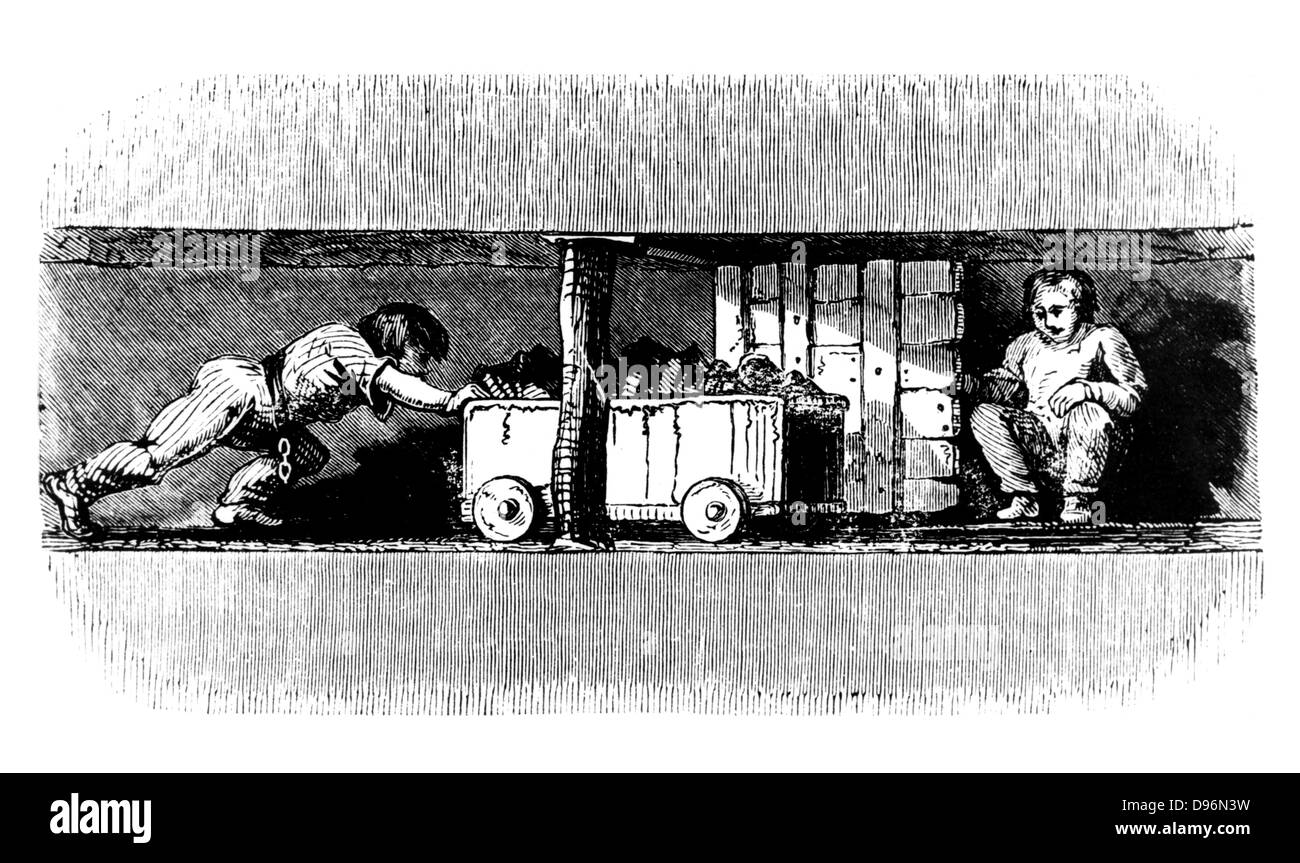 Junge treibt ein Lkw mit Kohle aus der Kohle Gesicht auf den Boden der Grube Welle geladen. Auf der rechten Seite des Bildes hockt ein kleiner Junge, der 'Trapper', deren Aufgabe es war zu öffnen und die Falltür für die Lkw zu schließen. Dies war der erste Auftrag ein Junge gegeben wurde. Großbritannien, c 1848. Stockfoto