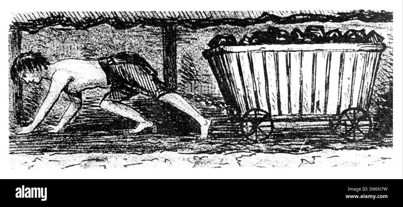 Junge' Putter' Zeichnung eine Kutsche mit 2 1/4 Cwt von Kohle entlang einer 24 cm hohen Naht, Halifax, Yorkshire, England. Von Matthias Dunn eine Abhandlung über das Gewinnen und die Arbeit der Zechen, Newcastle-upon-Tyne, 1848 Stockfoto