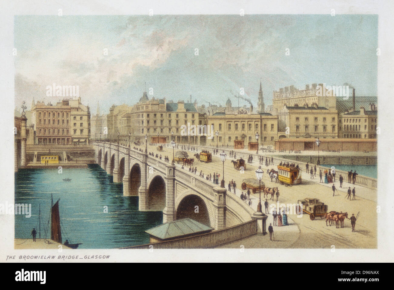 Thomas Telford's (1757-1834) Brücke über den Clyde an Broomielaw, Glasgow. Seine letzte steinerne Brücke, 18. März 1833 begonnen, eröffnete am 1. Januar 1836. Pferd Straßenbahnen Kreuzung Brücke. Chromolithograph veröffentlicht 1891. Stockfoto