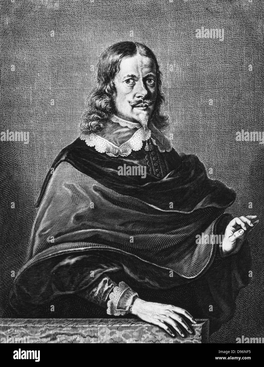 Johannes Hevelius (1611-1687) Deutscher Astronom. Jetzt von der Latinisierten Form von Jan Hewel oder Hewelcke bekannt, er verbrachte so viel Zeit wie er konnte aus seiner Brauen business Beobachtung vom Dach seines Hauses. Portrait von seinem 'Machina Coelestis' (Danzig oder Danzig, 1673), in der er veröffentlicht Details seiner Sternwarte, Instrumente und Arbeitsweise. Gravur. Stockfoto