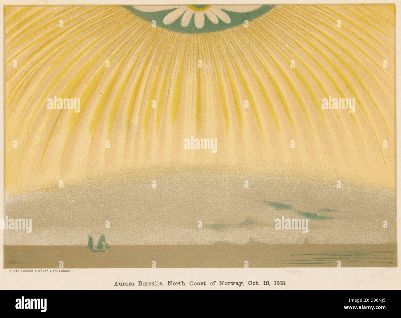 Aurora Borealis oder Polarlichter beobachtet aus Nordnorwegen, 10. Oktober 1868. Dieses leuchtende atmosphärische elektrische Erscheinung ist besonders spektakulär in der Zeit der Sonnenfleck max. Von "Elementare Abhandlung über Physik', ein ganot, (London, 1906). Chromolithograph. Stockfoto