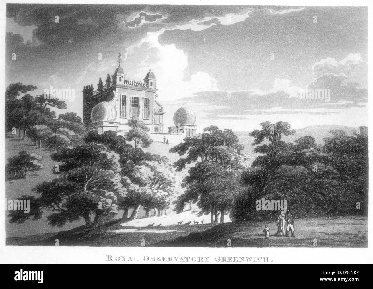 Flamsteed House, Greenwich Park, in der Nähe von London, England, das Royal Greenwich Observatory. Von Christopher Wren (1632-1723) auf die Bestellungen von Karl II. mit dem Ziel, präzise Navigation Tabellen und zur Lösung des Problems zu finden, den Längengrad auf See gebaut. Lithographie, c 1820. Stockfoto