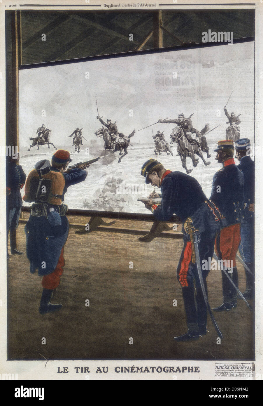 Die französischen Soldaten mit Film von einer Kavallerie für Gewehr Praxis. 1912. Von "Le Petit Journal", (Paris, 30. Juni 1912). Halbton. Stockfoto