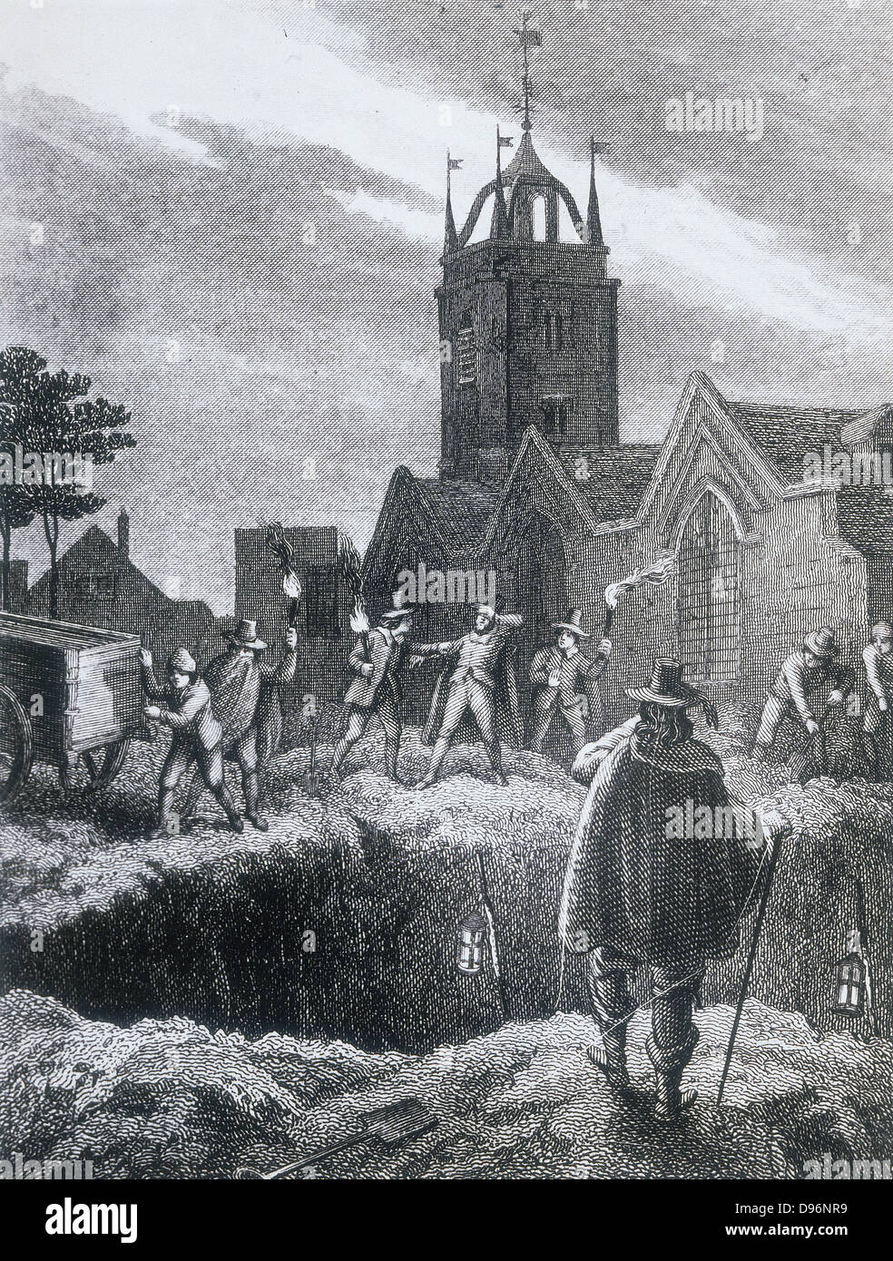 Einlieferung Einrichtungen der Pest zu einem gemeinsamen Grab in der Pest pit-Pest von London, 1665. Abbildung aus dem 19. Jahrhundert. Stockfoto