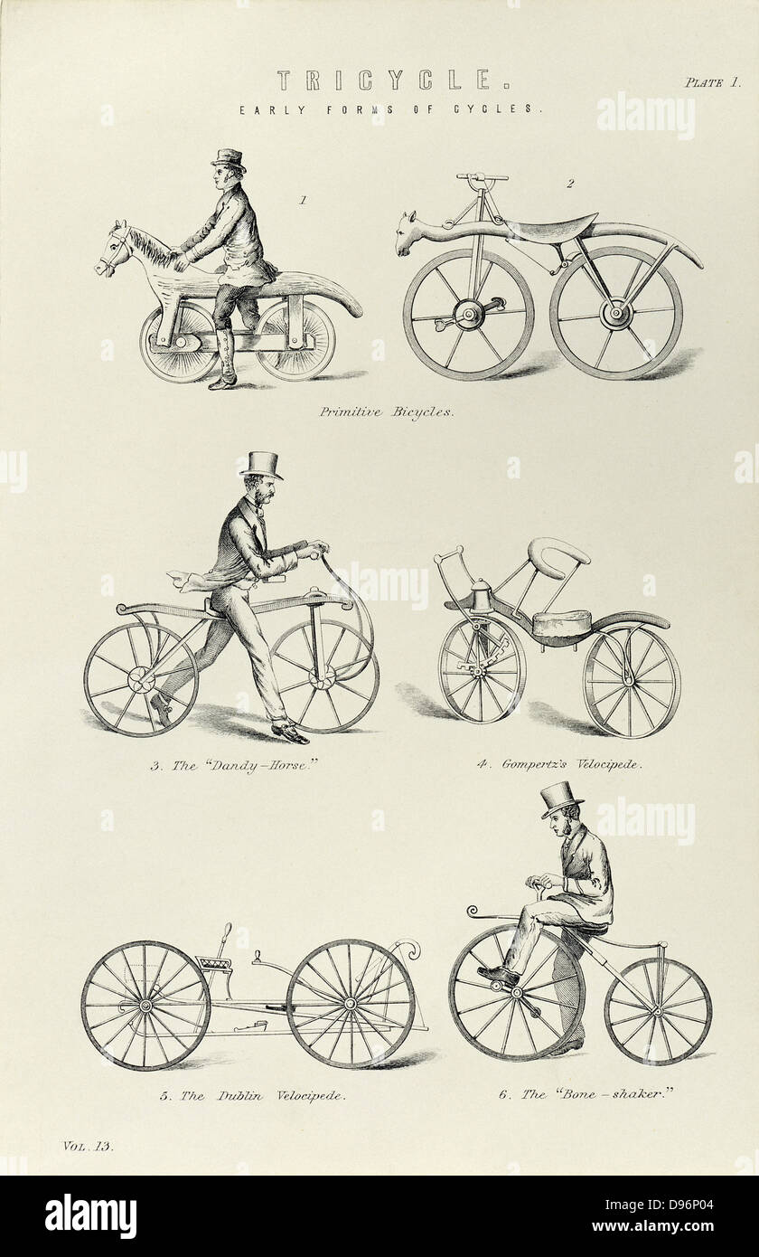 Verschiedene Formen der frühen Fahrrad einschließlich der Drasien, Gompertz der Velocipede, Dandy Pferd und ein und Boneshaker. Von der "Nationalen Enzyklopädie', London, 1880. Stockfoto