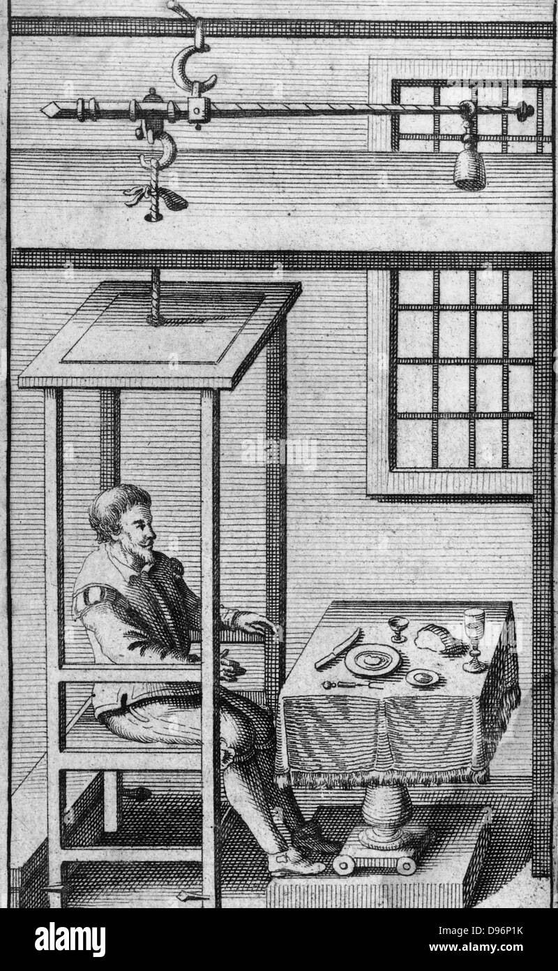 (Sanctorius Sanctorio Sanctorio) (1561-1636), italienischer Arzt und Physiologe, Freund von Galileo. Hier in seinem Gleichgewicht (a steelyard), in der er Essen und Schlafen sitzen. Er war der erste Experimente auf den Stoffwechsel. Von "Ars de statica Medicina" durch Sanctorius (Leiden, 1711). Stockfoto