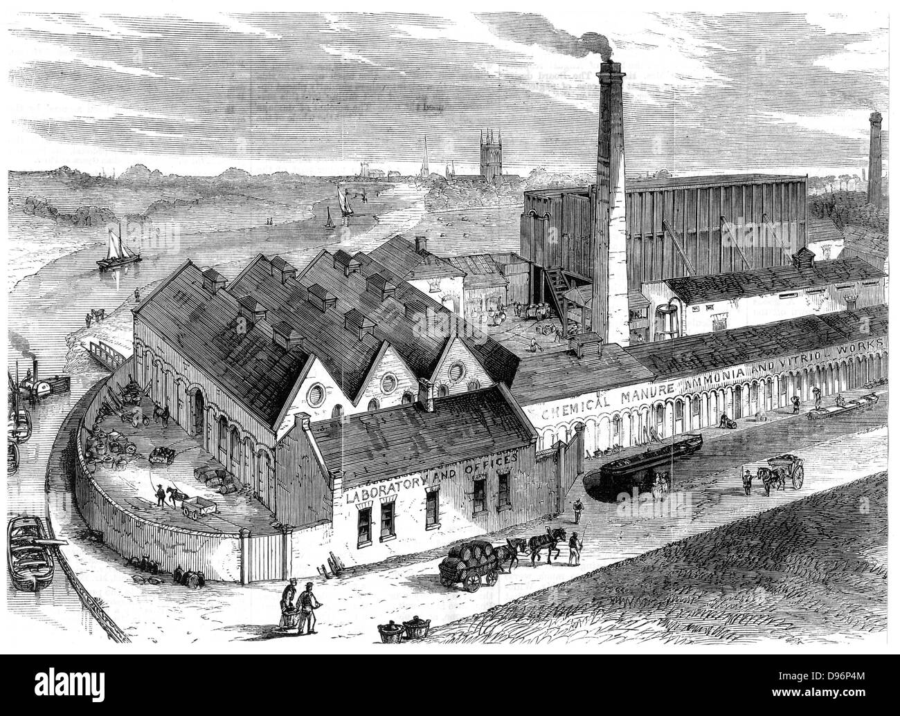 Webb's Chemische Fabrik, Diglis, Worcestershire. Das hohe Gebäude nach rechts hinter dem Schornstein enthält Gay-Lussac von Kammern für die Produktion von Schwefelsäure (Öl von vitriol oder H2SO4), einer der wichtigsten industriellen Chemikalien. Im Jahre 1827 erfand, der Leitung Kammern erst in der praktischen Anwendung für die großtechnische Produktion von Schwefelsäure nach der Erfindung von John Glover in etwa 1859 Der denitrating Turm, der sich am Ende der Leitung Kammern gesehen werden kann. Von "Die illustrierte Midland News' (Birmingham vom 30. Oktober 1869). Gravur.. Stockfoto