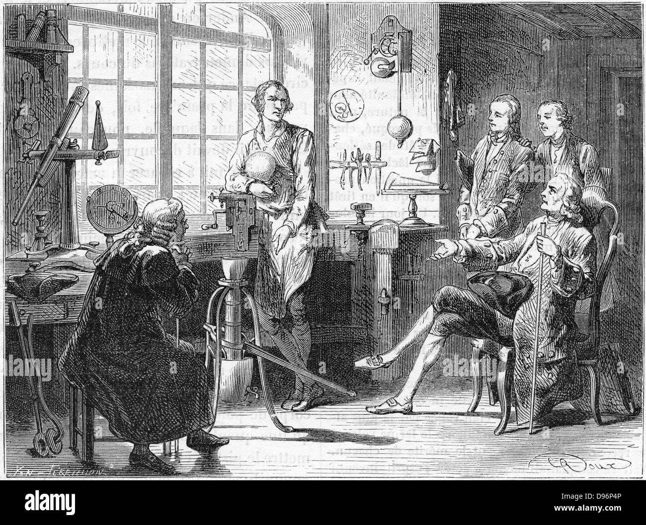 Joseph Schwarz Besuch James Watt in seiner Glasgow Workshop, c 1760. Künstlerische Darstellung von Joseph Schwarz (1729-1799), schottischer Chemiker, Besuch von James Watt (1736-1819), schottischer Erfinder und Ingenieur, der in seiner Werkstatt auf dem Gelände der Universität Glasgow, wo er war Instrumentenbauer der Universität. Von 'Les merveilles de la Science", Louis Figuier, Paris (c 1879). Stockfoto