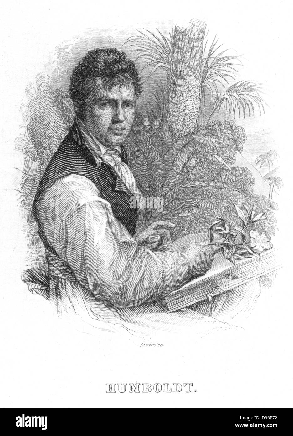 (Friedrich Wilhelm Heinrich) Alexander von Humboldt (1769-1859), deutscher Naturforscher. Humboldts Interessen enthalten Geophysik, Geologie und Botanik, und er ist auch der Begründer der Ökologie genannt. Er ist hier in der Zeit seiner Expedition in Südamerika (1800-1804), mit dem Französischen Botaniker Aime Bonplond (1773-1858), die er den Orinoco und Amazonas Regionen erforscht und gesammelt, 60.000 Pflanzen gezeigt. Gravur (Edinburgh, c 1830). Stockfoto