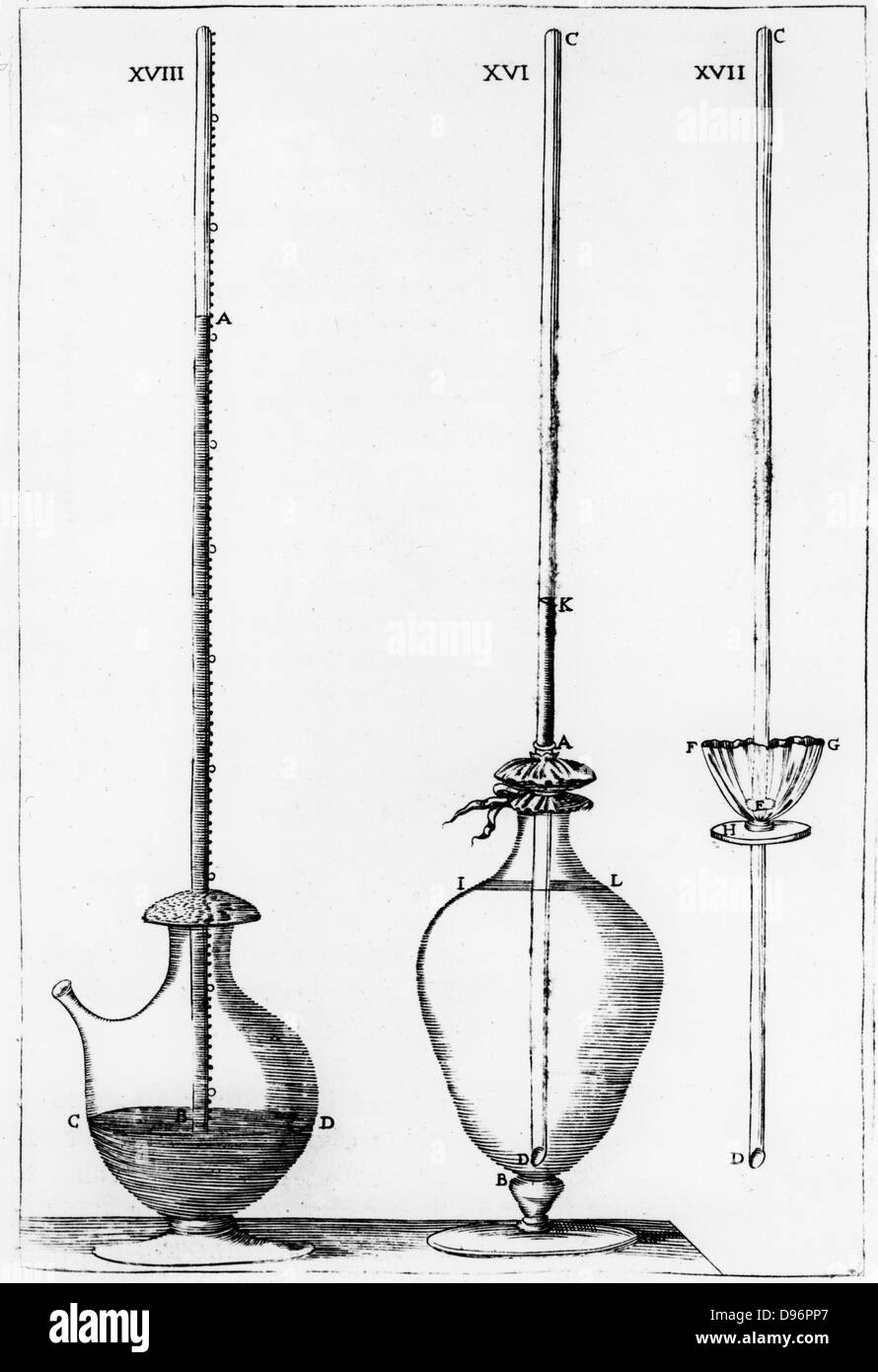 Experimentelle Barometer von der Accademia dell Cimento verwendet. Abb. XVIII ist ein Quecksilber Barometer. Von aggi De naturali esperienze fatte nell', Academia del Cimento', 2. (Florenz, 1691). Gravur. Stockfoto