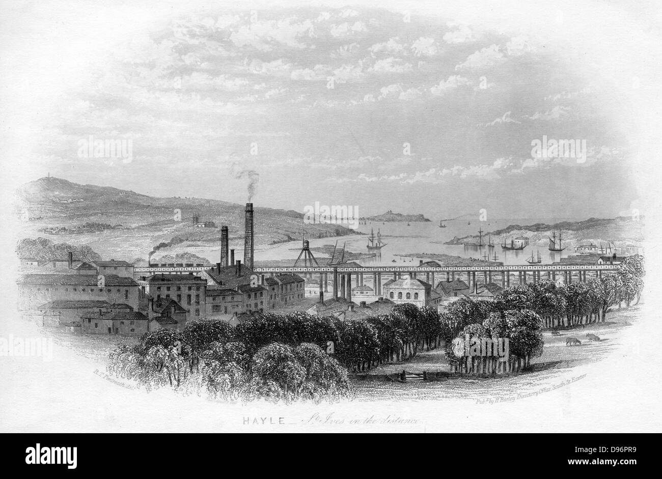 Hayle. St Ives in der Ferne', c 1860. West Cornwall Railway, später Teil der Great Western Railway (GWR). Der Boom Zeit für den Hafen und die Geburt der Stadt in der ersten Hälfte des 19. Jahrhunderts kam, als Hayle synonym wurde mit dem Bergbau- und vor allem Harvey's. Harvey & Co 1.000 Männer und exportierte Cornish beam Motoren auf der ganzen Welt. Illustration von RT Pentreath für "Ansichten von Devonshire und Cornwall" von Henry Besley. (Exeter, c 1860). Gravur. Stockfoto