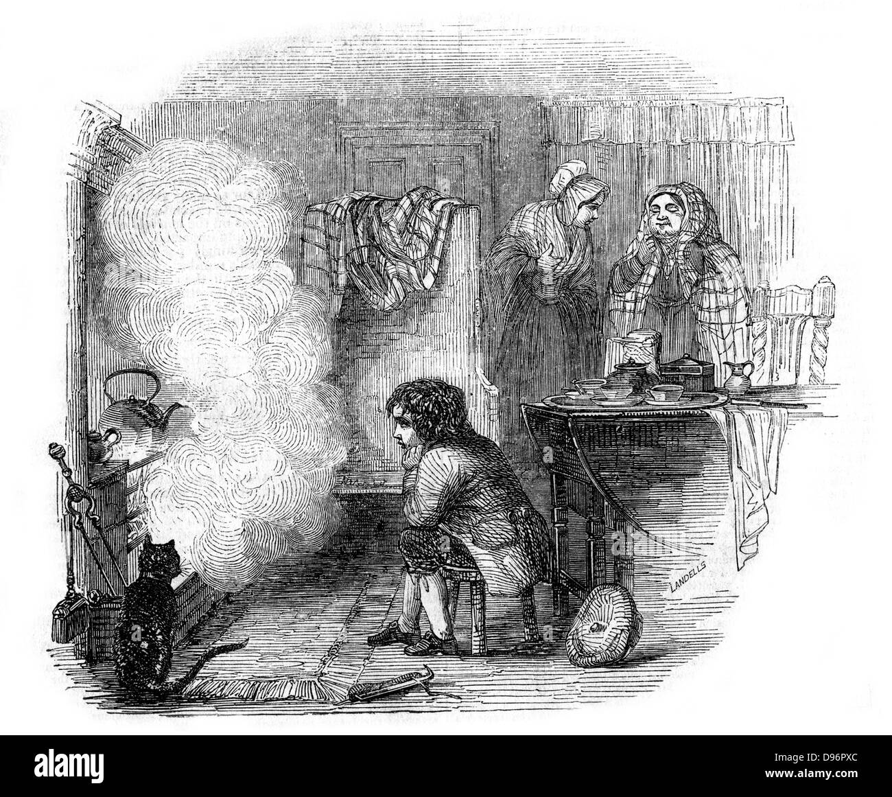 Die Geschichte eines Kaffee - Wasserkocher'. James Watt als Junge beobachten den Wasserkocher kochen im Feuer. Watt (1736-1819) machte große Verbesserungen in der Dampfmaschine, einer der bedeutendsten in der separaten Kondensator. 1774 ging er in Partnerschaft mit Matthew Boulton (1728-1809) der Birmingham Hersteller und Unternehmer. Illustration von Ebenezer Landells (1808-1860) Englische Zeichner und Stecher, von 'beleuchtete Magazin'. (London, 1844). Holzstich. Stockfoto