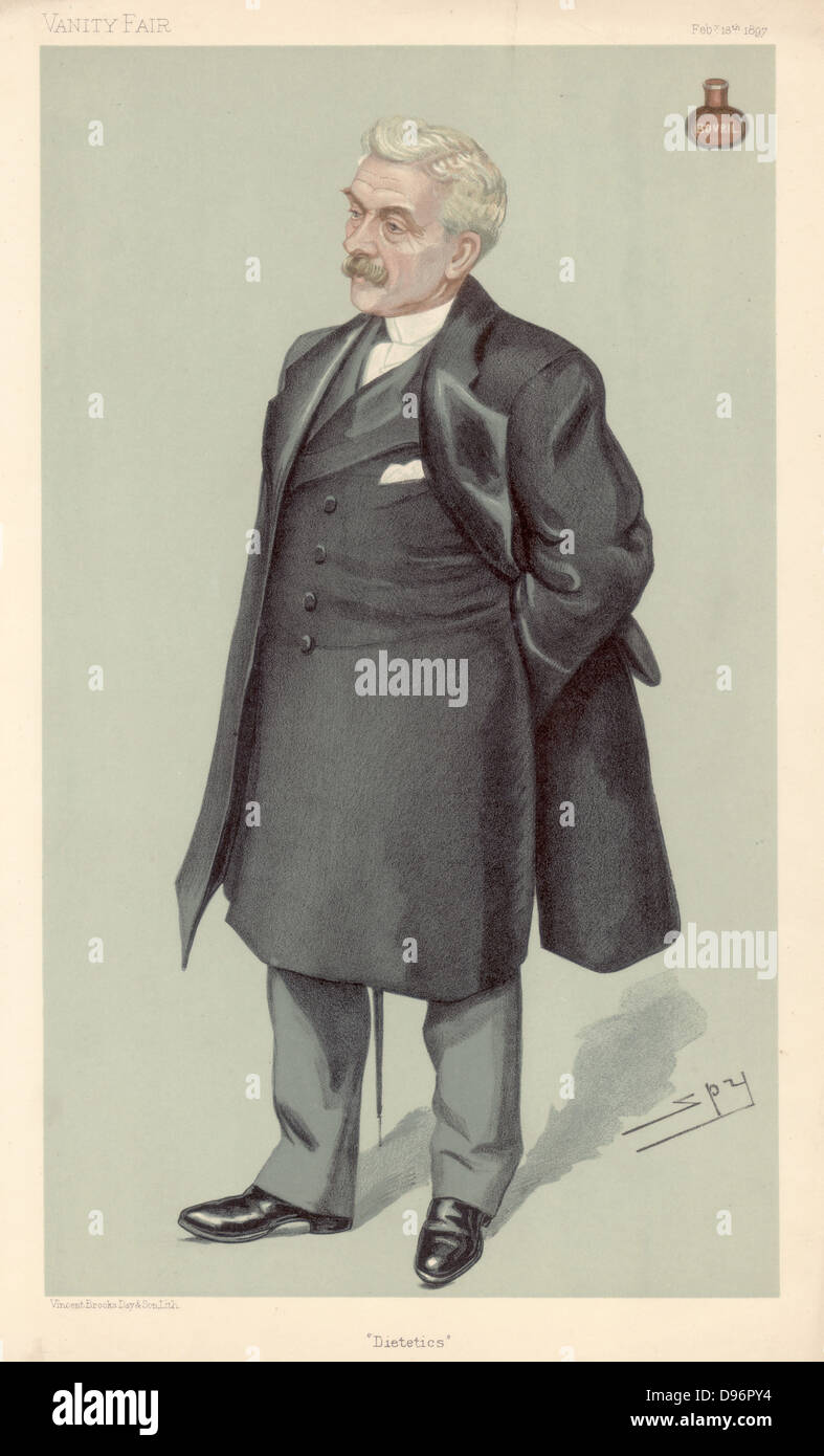Diatetics'. John Lawson Johnston (d 1900), schottischer geboren Geschäftsmann. In über 1863 Johnston entwickelte ein Rindfleisch Extrakt, zuerst bekannt als "flüssiges Beef aber später den Namen "bovril", eine benannte abgeleitet von Bos, das Lateinische für Ochsen und Vrilya, die Lebenskraft in den kommenden Rennen", einem Roman von bulwer Lytton. Er gemeinschaftshafen Armeen und half Bestimmung drei Polarexpeditionen. Karikatur von py'S', Pseudonym von Leslie Ward (1851-1922) britische Maler und Karikaturist, von "Vanity Fair". (London, 18. Februar 1897). Chromolithograph. Stockfoto