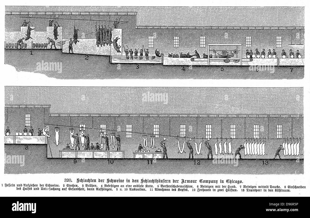 Eine der frühesten Produktionslinien: Armour Firma Schwein Schlachthof, Chicago. Schweine, die hatte bis Rampe von Gebäude Geschlachtet in (1) und dann durch die verschiedenen Prozesse in der Produktion ging, bis sie als fertige Schlachtkörper (13) Diagramm veröffentlicht Leipzig 1895 entstand nach oben. Stockfoto