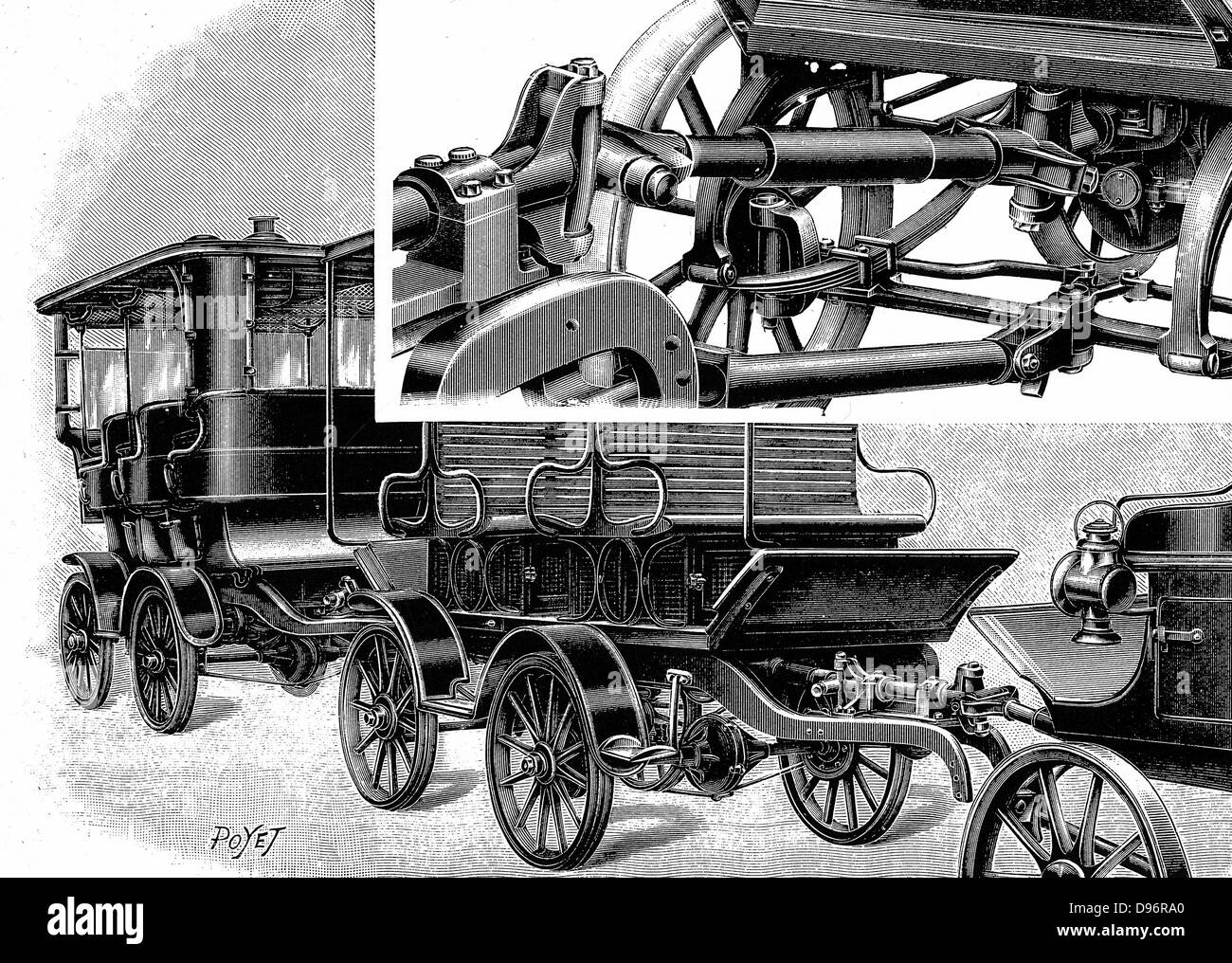 Renard Automobil Zug, zeigt Kupplung (oben rechts) und Zug der Wagen. 1904. Gravur Stockfoto