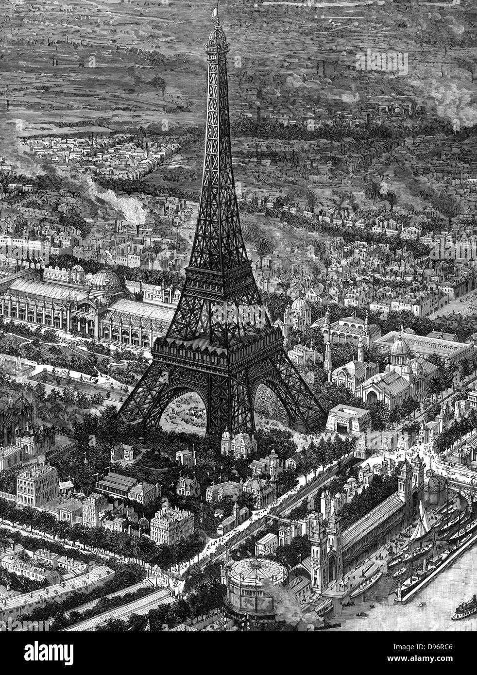 Aus der Vogelperspektive auf den Eiffelturm zum Zeitpunkt der Eröffnung des Paris Ausstellung von 1889. Holzstich. Stockfoto