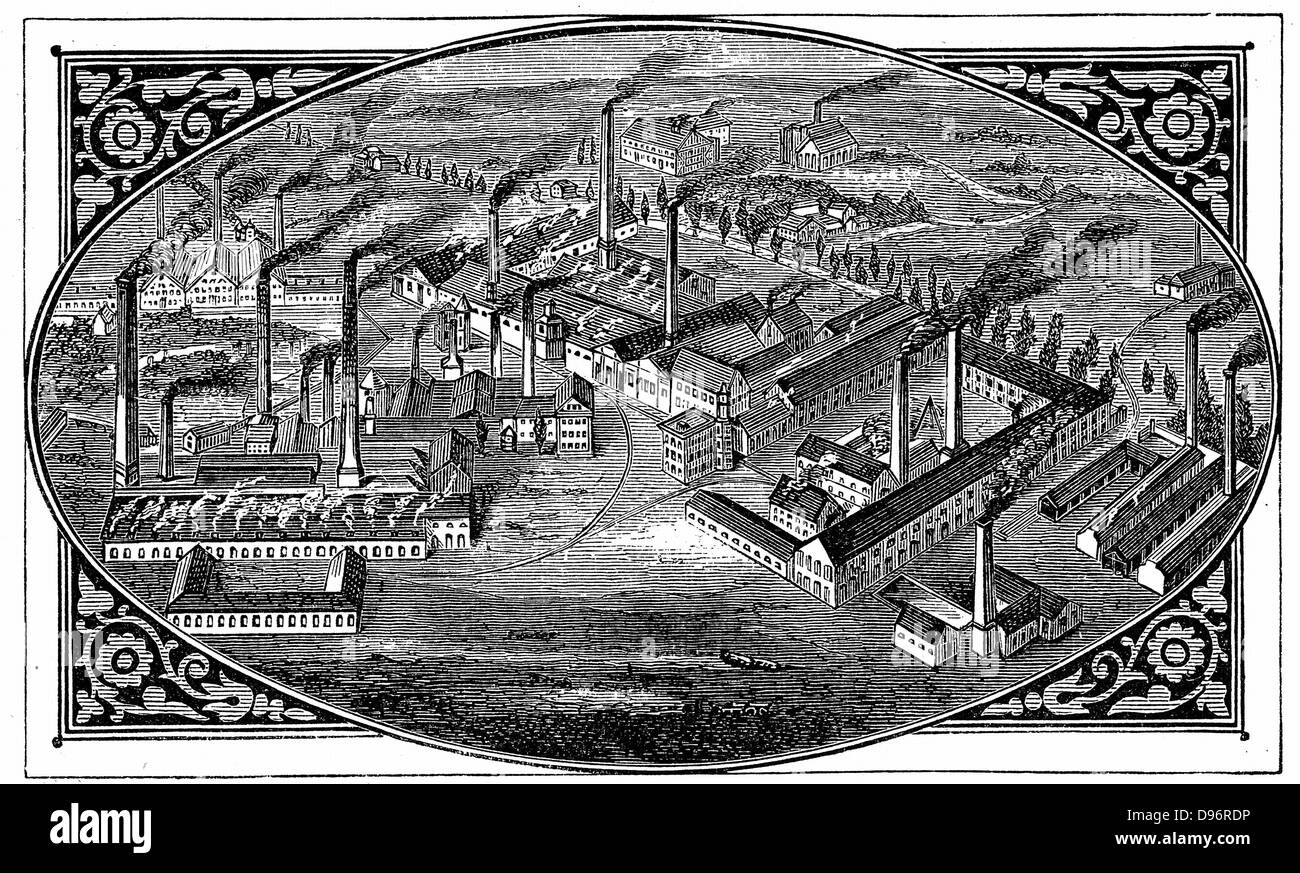 Aus der Vogelperspektive der Krupp Werke in Essen, wo Waffen hergestellt.     Holzstich 1876 Stockfoto