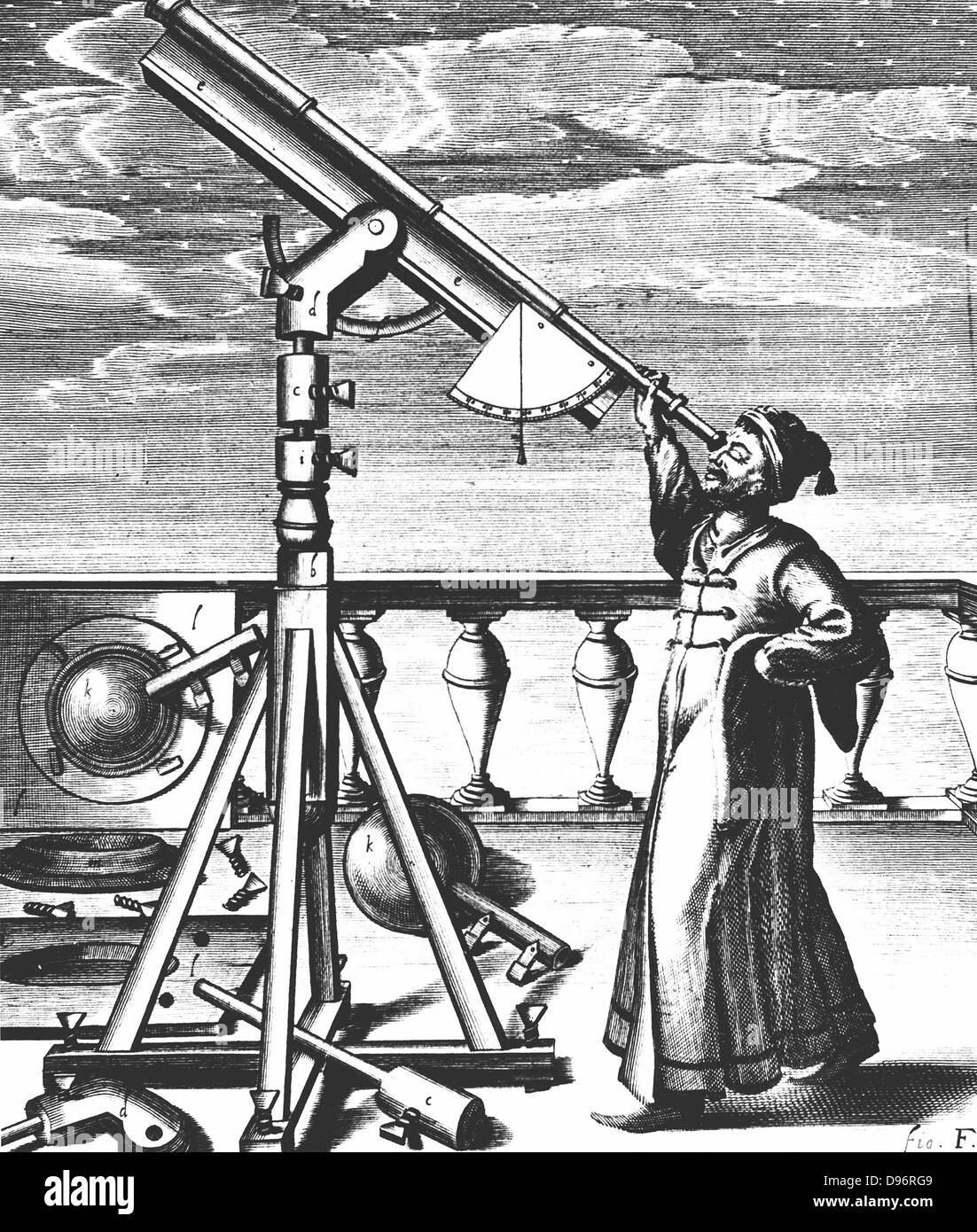 Hevelius Beobachtung durch Refraktor auf Stativ mit Quadrant und Plumb montiert - Bob so Höhe von Objekt beobachtet festgestellt werden konnte. Von Johannes Hevelius'S 'elenographia Gedani (Gdansk/Danzig) 1647. Stockfoto