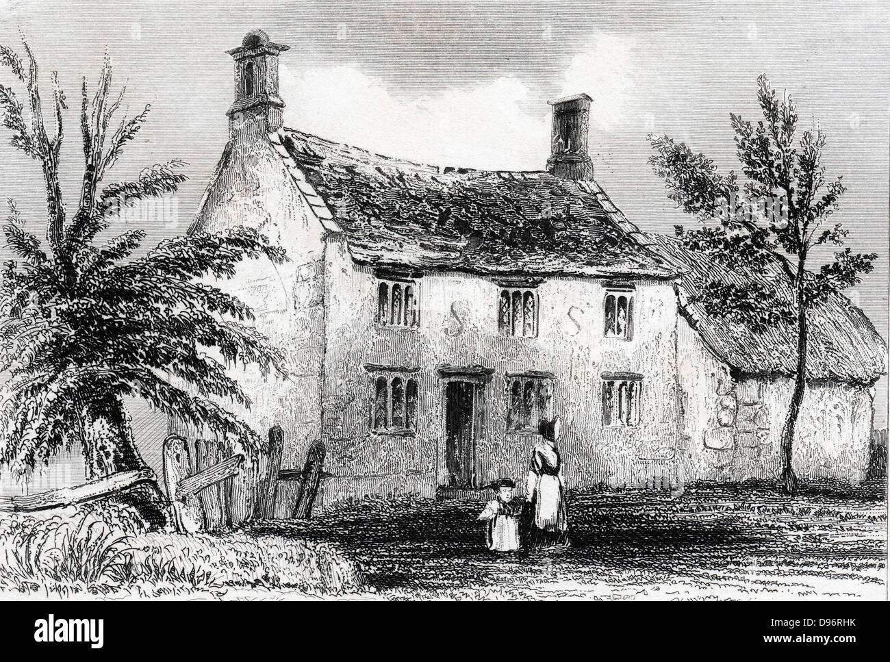 Woolsthorpe Manor, in der Nähe von Grantham, Lincolnshire, Geburtsort von Isaac Newton (1642-1727). Gravur von Dugdale 'England und Wales abgegrenzt' 1840. Stockfoto