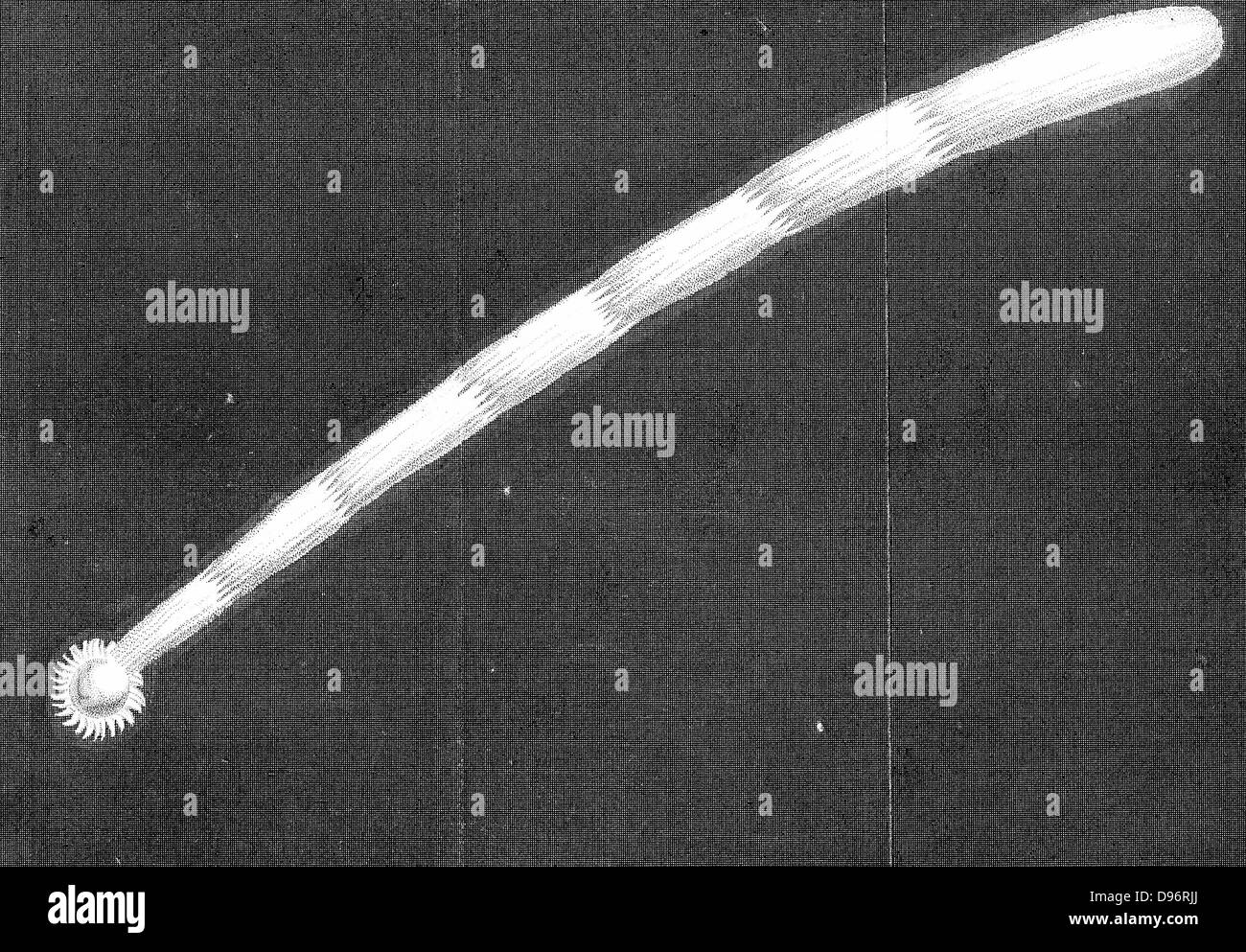 Großen Kometen von 1680 (Kirch), wie es schien, als es der Sonne Newton genähert berechnet es war bei 88.000 km/h und es ging so in der Nähe der Sonne, die gleichzeitig war es nur 1/6 der Durchmesser der Sonne von seiner Oberfläche. Kupferstich. Stockfoto