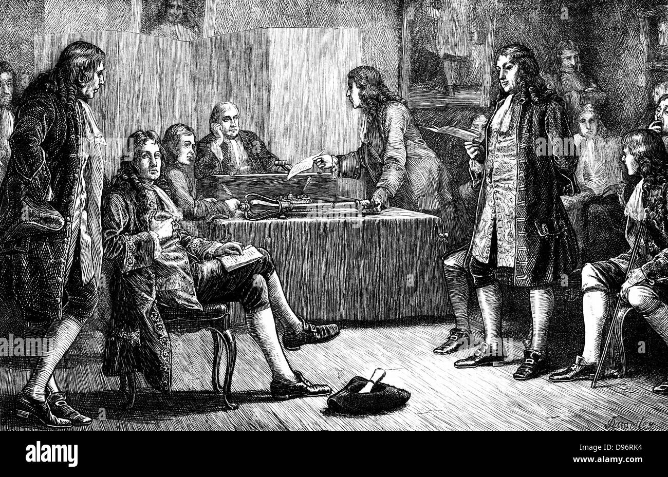 Eine Sitzung der Royal Society im Kran, Fleet Street, wo es Zimmer war von 1710-1782. Isaac Newton (1642-1727) ist im Stuhl des Präsidenten. Wiederaufbau des Künstlers. Holzstich c 1880. Stockfoto
