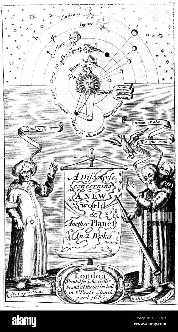 Titelblatt von John Wilkins' einen Diskurs über eine Neue Welt & einem anderen Planeten", London 1683 (Ist-Edition 1640) Kopernikus, Galilei und Kepler in den unteren Ecken dargestellt. Stockfoto