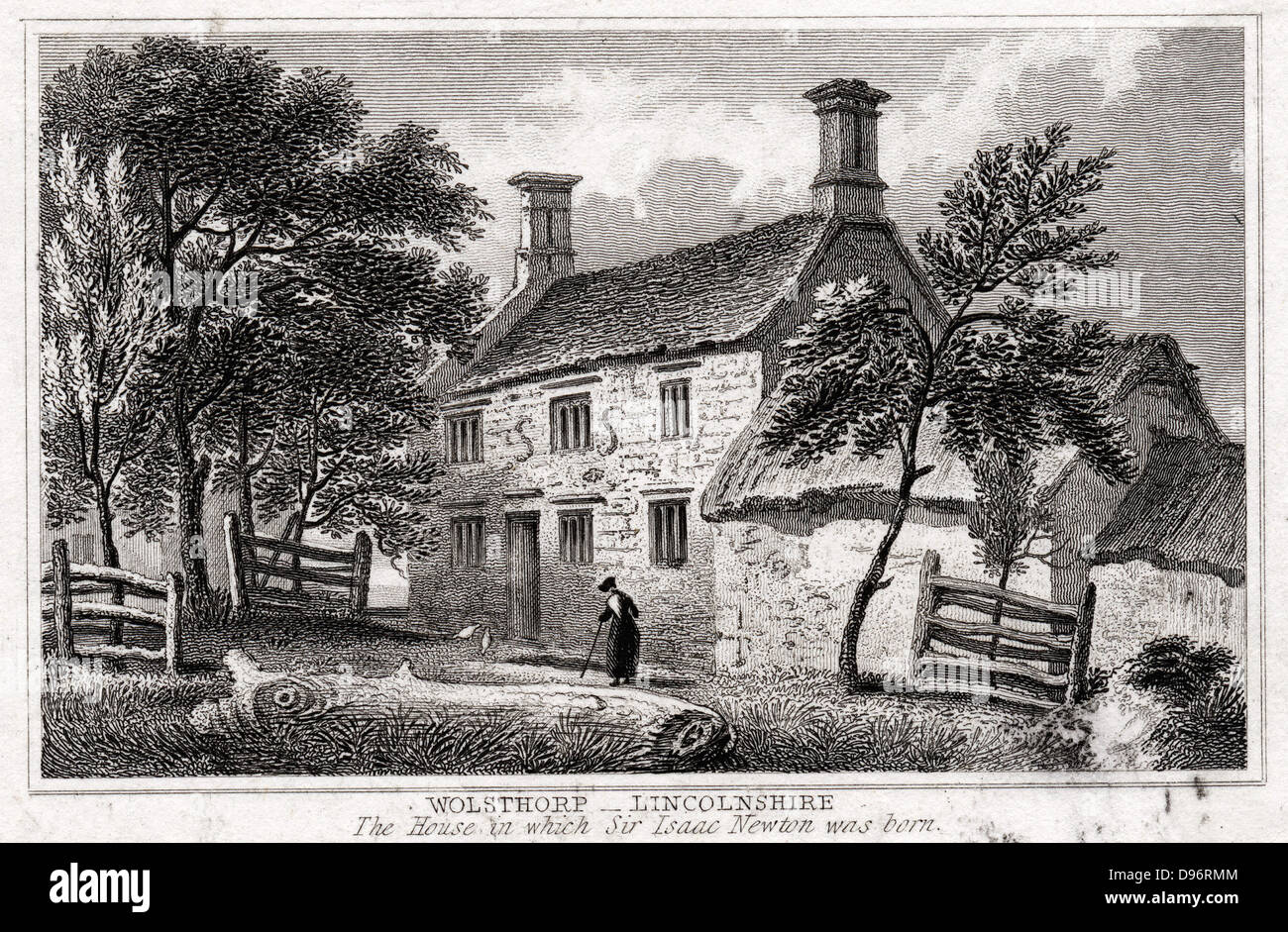 Woolsthorpe Manor, in der Nähe von Grantham, Lincolnshire, England, Geburtsort von Isaac Newton (1642-1727). Aus dem frühen 19. Jahrhundert Kupferstich. Stockfoto