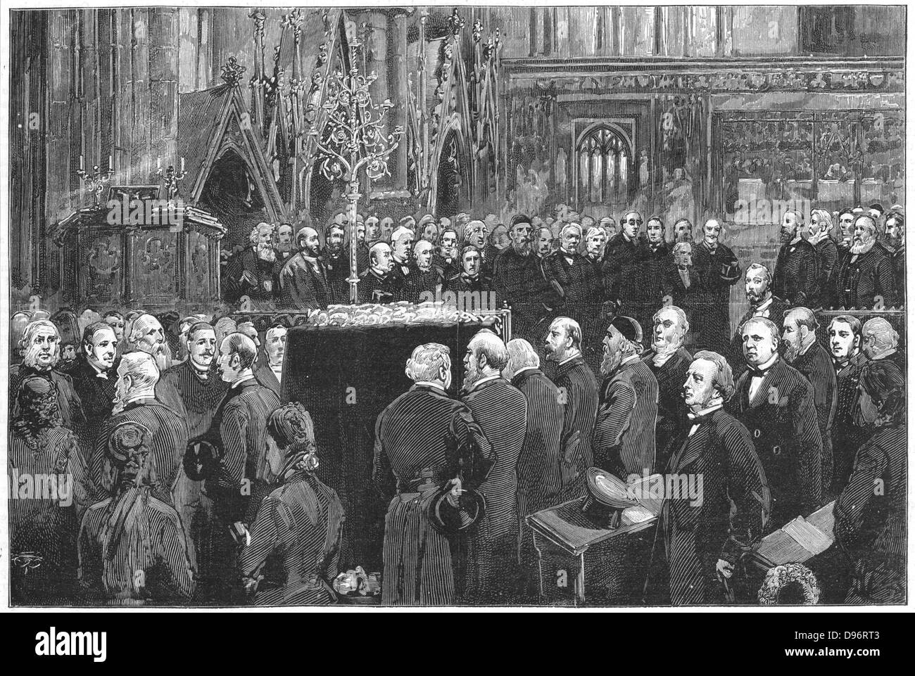 Charles Robert Darwin (1809-1882), englischer Naturforscher. Evolution durch natürliche Selektion. Darwin's Beerdigung in der Westminster Abbey, aus 'Grafik', London, 6. Mai 1882. Gravur Stockfoto