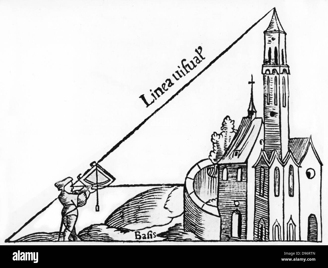 Mit einem Viertelkreis mit einem Lot die Höhe eines Turms durch Triangulation zu berechnen. Von Sebastian Münster' Rudimenta Mathematica', Basel 1551. Holzschnitt. Stockfoto