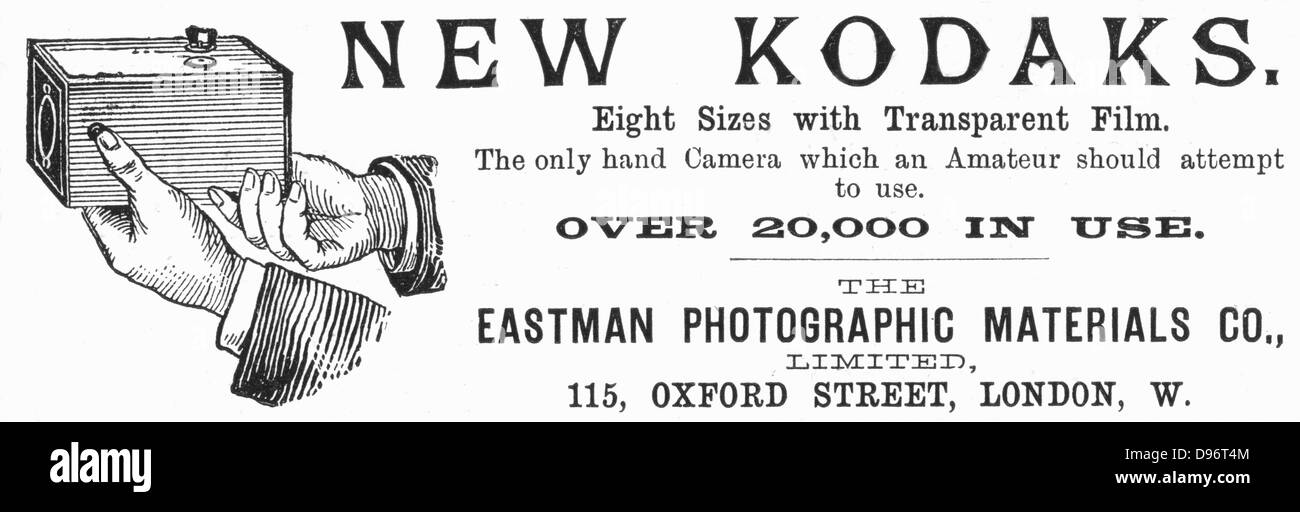 Werbung für Kodak Kameras von der "Illustrated London News", 20. September 1890. Von 1888 den Kodak Boxkamera nahm Eastman gestrichenes Papier roll Film. Gravur. Stockfoto