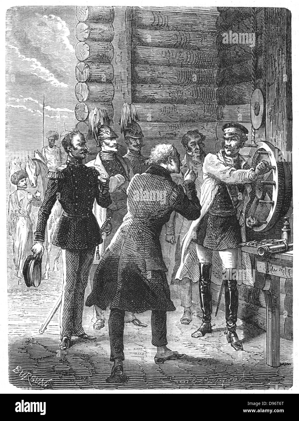 Künstlerische Rekonstruktion der Szene, als Zar Ncholas I (1796-1855), Senden der ersten Nachricht von St. Petersburg Telegraph Station, eine Änderung der Semaphore System von Chappe verwendet. Von Louis Figuier 'Les merveilles de las Wissenschaft', Paris c 1870. Stockfoto