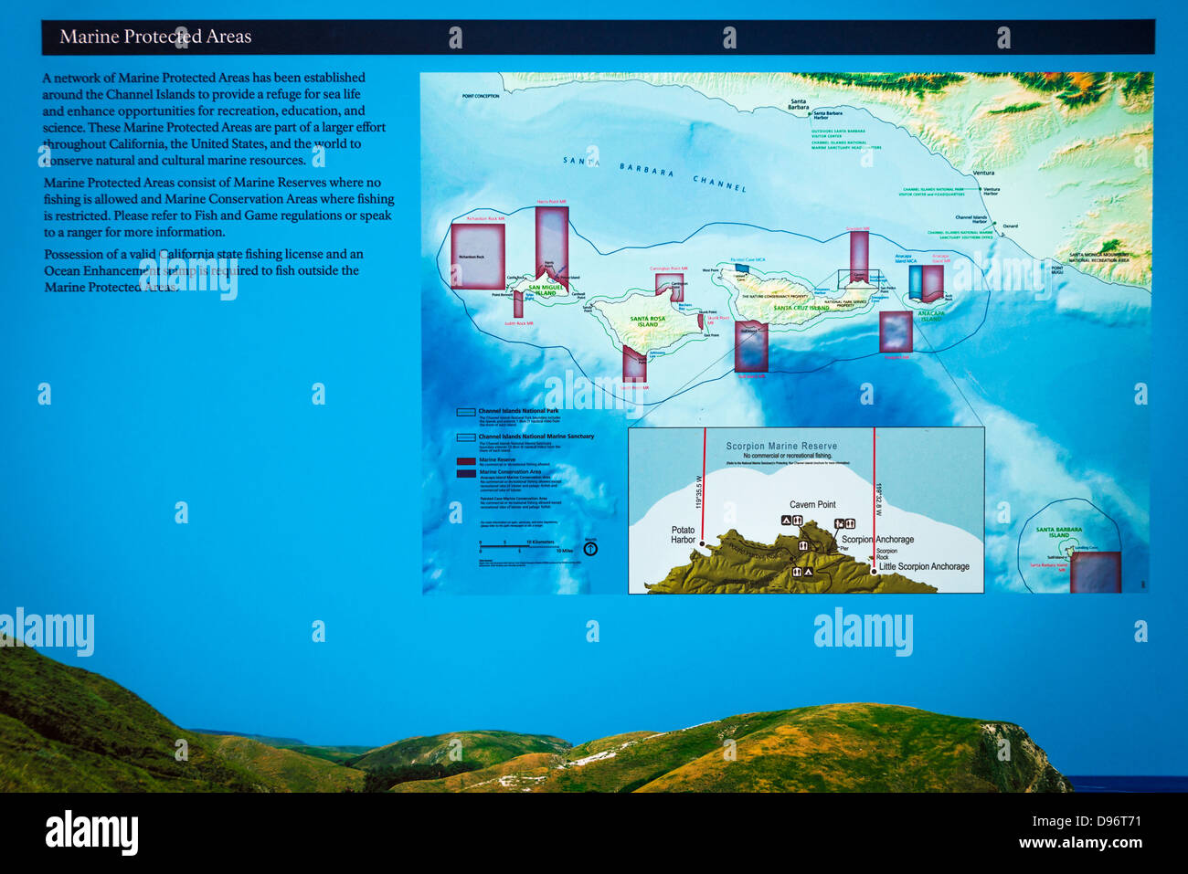 Interpretierende Zeichen an Scorpion Ranch, Santa Cruz Island, Channel Islands Nationalpark, Kalifornien USA Stockfoto