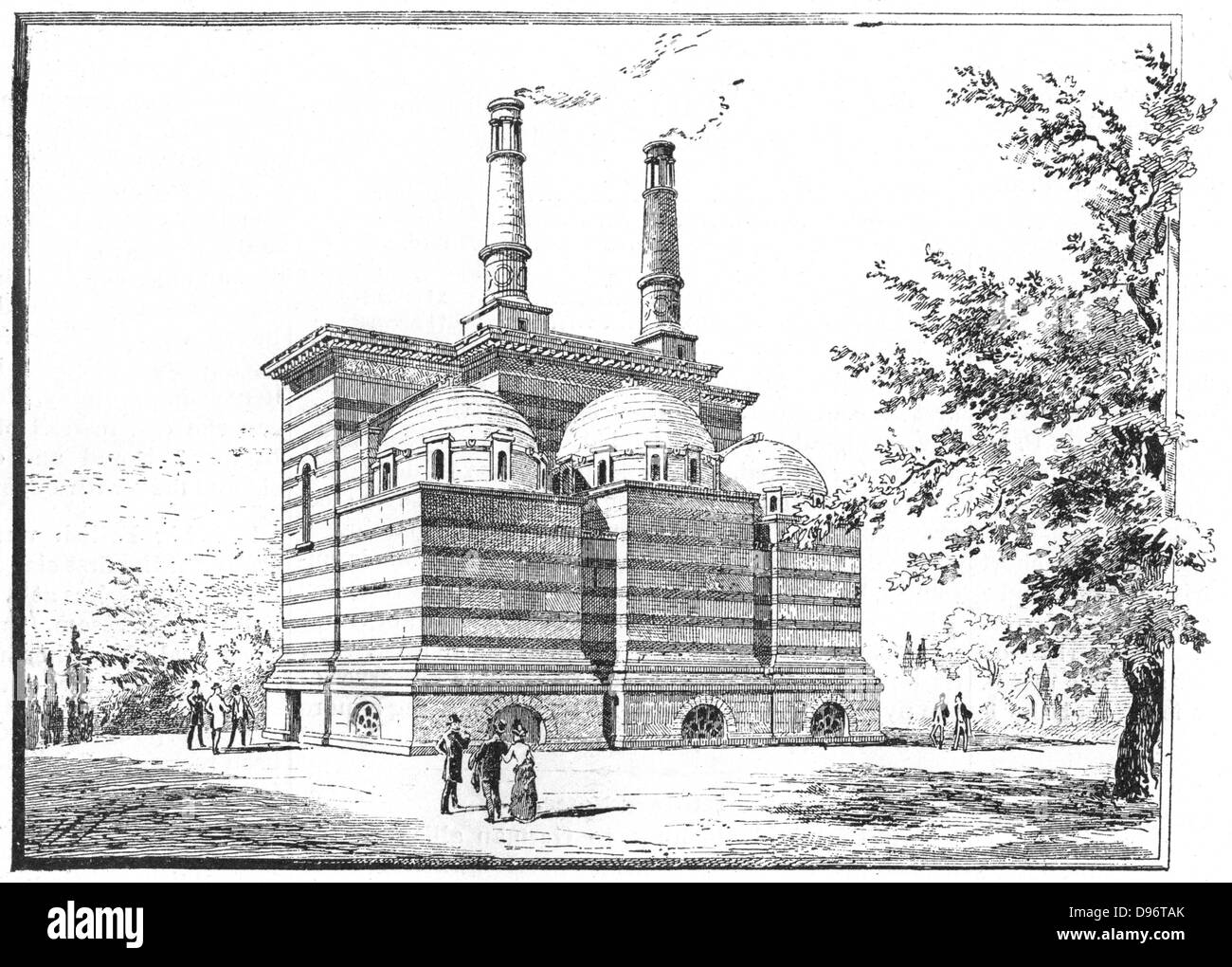 Krematorium im Pere La Chaise Friedhof, Paris, Frankreich Gravur veröffentlicht im März 1888, während das Gebäude im Bau war. Stockfoto